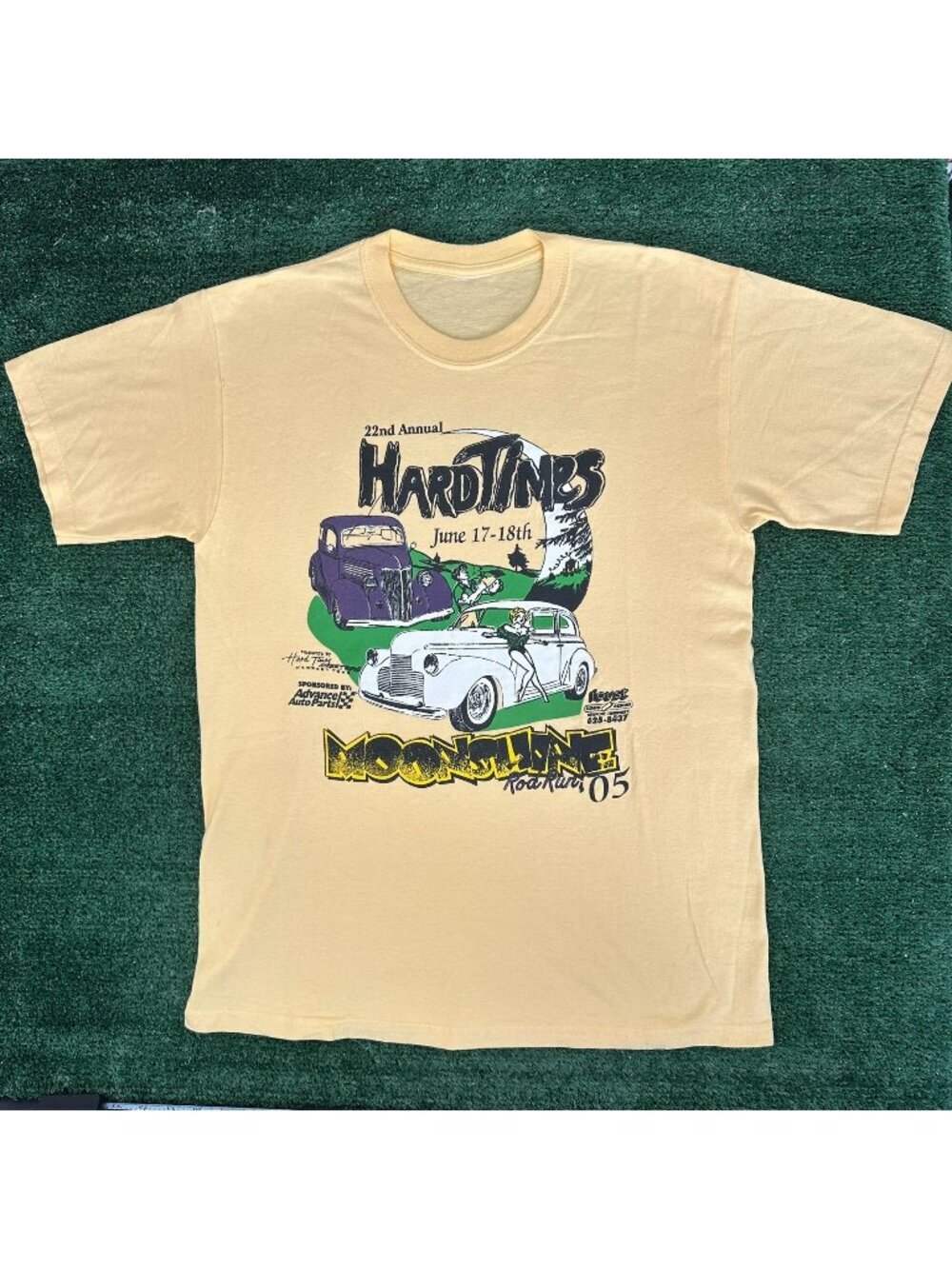 Vintage Y2K Moonshine Rod Run Car Show T-Shirt Yellow M Retro Classic Hot Rod